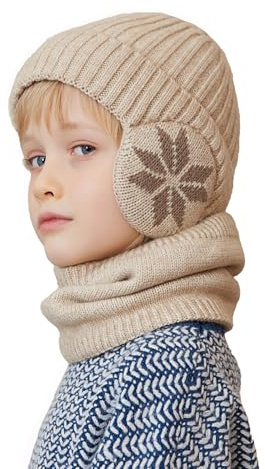YAMEE Winter-Strickmützen- Schal-Set für Kinder,Kinder-Wintermütze mit Ohrenklappen Kälteschutz Winddicht,2-teiliges Kinder Beanie für Kinder Warme Plüsch,Kappe für 4-10-jährige Jungen Mädchen