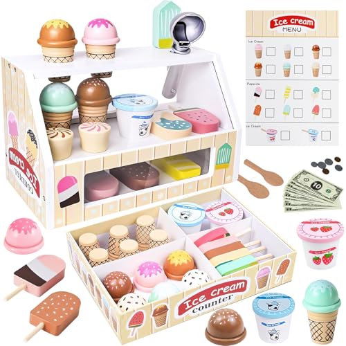 Zabatoco Heladería de madera para niños, 38 piezas de accesorios de cocina para niños, juguetes de hielo para niños, juguetes de madera a partir de 3 años, juguetes infantiles para niños y niñas para