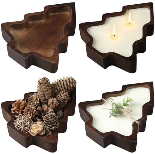 Jingmore 4 Pcs Christmas Wooden Candle Bowl Christmas Tree Tray Dough Charcuterie Board Rustic Xmas Sushi Plate Hand Carved Wood Bowl Paulownia Bowls for DIY Candles Decoration Dining Home