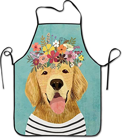 Weich Arbeitsschürze Niedlicher Hund Tiere Blumen Golden Retriever Malschürze Verstellbare Grillschürze Premium Küchenschürze Für Backen Bbq
