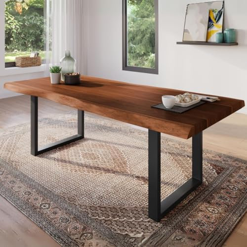 trelevo Esszimmertisch 220x100 cm, Akazienholz massiv, Tischplatte nussbaumfarben, echte Baumkante, U-Gestell schwarz, Baumkantentisch