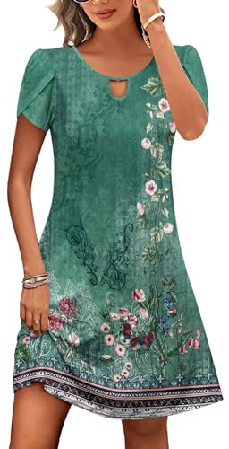Zeagoo Women's Bohemian Sundresses Holiday Summer Puff Sleeve Dress Casual Loose Crew Neck Knee Length Tshirt Dress Green Floral XL