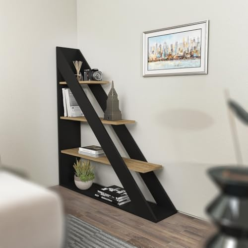 Stylish Bookshelf, Black & Oak, 120 x 131.8 x 25 cm | 100% Melamine Coated Particle Board, 18 mm Thick | Perfect for Modern Home & Office Decor