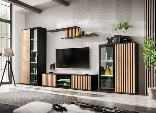 Deconation Ensemble Meuble TV Cameron - Noir/Beige - L 340 X H 192 X P 45 Cm