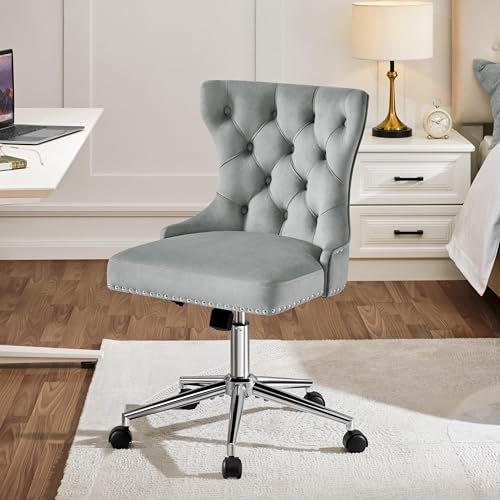 Yaheetech Vanity Office Desk Chair with Silver Base Dressing Table Chair Makeup Bedroom Velvet Upholstered Armless Swivel Chair with Back for Home Office Grey