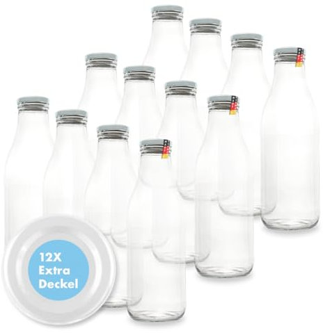 FLASCHENBAUER – Milchflaschen 1 Liter – 12x Glasflaschen 1 Liter – Twist-Off-Deckeln + Ersatz TO48 – Saftflasche, Smoothie Flasche & Weithalsflasche – Robust, temperaturbeständig [Weiße-Flasche]