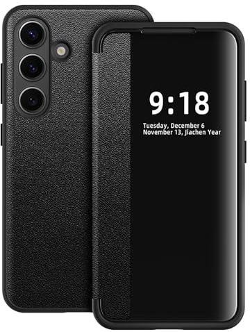 Hülle für Samsung Galaxy S25 Handyhülle S View S25 Flip Case Stoßfest Kratzfest Tasche Flip Schutzhülle für Samsung S25, Durchscheinend View Silikon Bumper Handyhülle (Schwarz)