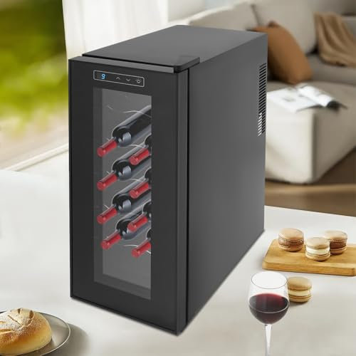OMGGYER 12 Flaschen 33 Liter LED Beleuchtung Weinkühlschrank Klein Schmal Weinkühler, freistehend Mini Kühlschrank Glastür Weinschrank für Indoor/Outdoor, Temperaturregelbar von 12-18°C