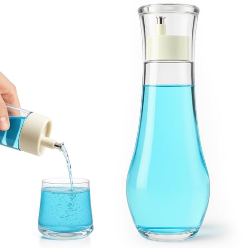 Tokusatsu Dispensador de enjuague bucal para baño, botella recargable de vidrio transparente de 8.8 onzas con tapa para encimera, 1 paquete