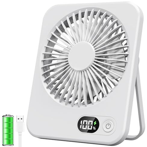 ITJMRJP Ventilador de Mesa Silencioso Pequeño Ventilador Portatil Mini USB 2500mAh Bateria Recargable 5 Velocidades Pantalla LED para Oficina Hogar Camping(Blanco)