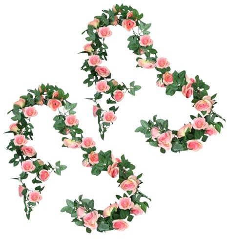 Falafoty 2PCS 14.4FT Guirlande Fleurs Artificielles,Faux Rosier Guirlande Eucalyptus Plante Artificielle Guirlande Fleurs en suspendues pour Mariage Arche Jardin Maison Murale Déco (Rose Vintage)