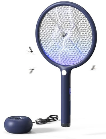 AROEVE Raqueta Mosquitos Electrica, 2-en-1 Raqueta Matamoscas Electrica, 4000V, Base de Carga USB, Batería Recargable de1200mAh, Modo de Atracción Auto, luz LED, Protección de 3 Capas,Azul