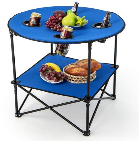 GOPLUS Table de Camping Pliante, Table de Pique-Nique Pliable avec 4 Porte-gobelets, Étagère de Rangement Ronde Légère et Portable avec Sac de Transport, pour Barbecue, Camping, Plage