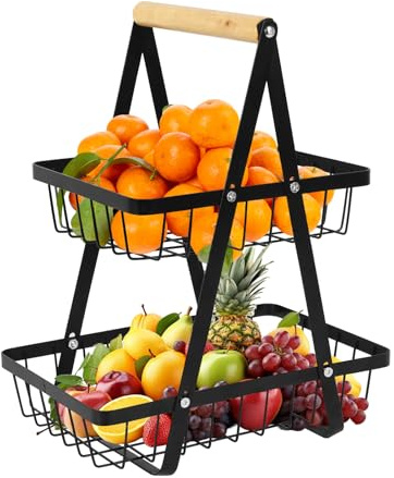 Fhmidic Obst Etagere 2 Stöckig, Metall Schwarz Obstschale Etagere mit Holzgriff, 2 Etagen Obstkorb Etagere mit Griff für Obst, Gemüse, Snacks zu Hause, Küche, Büro, Obst und Gemüse Aufbewahrung