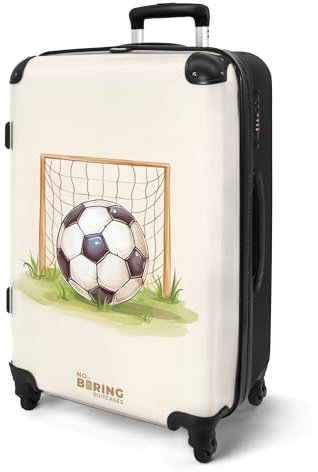 NoBoringSuitcases.com® Koffer Kinder Groß 67x43x25 cm Reisekoffer Kinderkoffer 4 Rollen Leicht Trolley Große M Hartschalenkoffer für Jugendliche Fußball - Beige - Tor