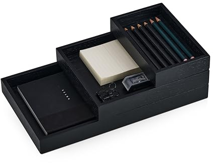 OAKYWOOD - Holztabletts Schreibtisch Organizer Valet - Papierablage aus Massivholz, Dokumentenhalter - Büro Organizer, Handy Tablet Halterung - für Büro Zuhause Schule - Schwarz