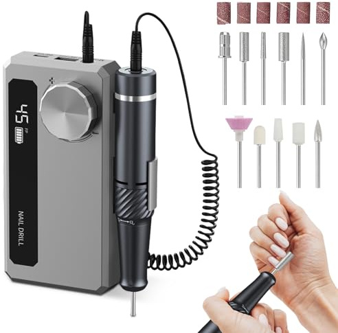 Electric Nail Drill Professional ,Portable Nail File for Acrylic Gel Nails, 45000RPM Rechargeable Nail Drill Kit with 11 bits and LCD Display