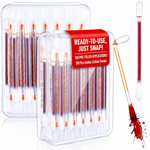 Ciieeo 100 Pcs Iodine Cotton Swabs Individually Wrapped, Antiseptic Cotton Buds for Wound Cleaning Skin Disinfection, No-Spill First Aid Swab Sticks with Storage Box for Home Travel Camping First Aid