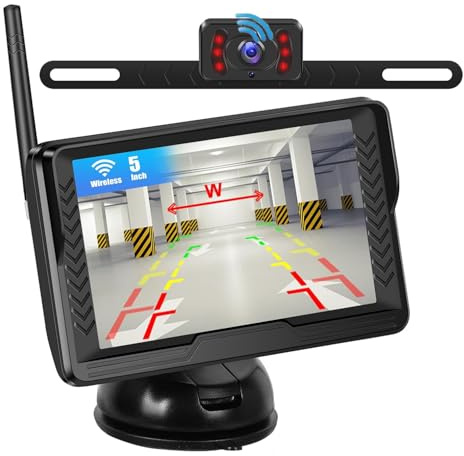 Zomolither 5 Inch HD IPS Wireless Reversing Camera Kit, IP69 Waterproof 720P Truck Camera System with Monitor, 12V Car Vans Pickup SUV with Adjustable Guide Lines, Easy Fit License Plate Frame