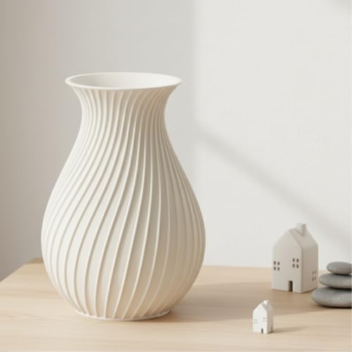 FynDesign Große Statement-Vase LYSA (24cm) – Elegantes 3D-Druck Design-Objekt für Pampasgras & hohe Sträuße, bruchsicher & nachhaltig, Matt-Weiß