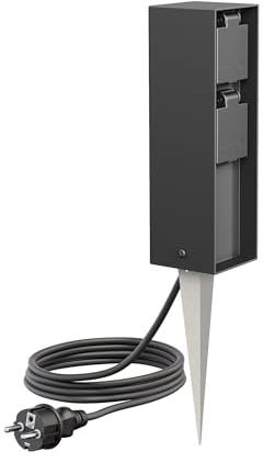 ledscom.de Garten-Steckdosen-Säule POKU mit Erdspieß und 2m Kabel für außen, IP44, 2-Fach, anthrazit, eckig, 23cm