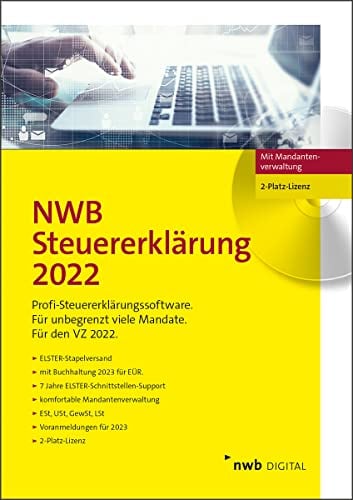 NWB Steuererklärung 2022 – 2-Platz-Lizenz: Profi-Steuererklärungssoftware. Für den VZ 2022. Mit Buchführung 2023 für EÜR. 7 Jahre Elster-Schnittstellen-Support. CD-Version.