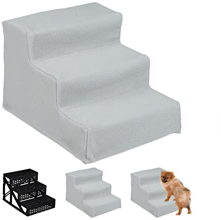 Relaxdays Hundetreppe 3 Stufen, kleine & große Hunde, Bett & Couch, Stoffbezug, Tiertreppe innen, HBT 30x35x45 cm, grau