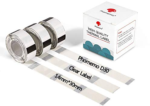 Phomemo D30 D30Pro Thermodrucker-Papierrolle - Durchsichtiges Transparentes Druckpapier Selbstklebender Mini 14 x 30 mm (0,55 x 1,18 Zoll) für Bluetooth Compact Mobile-Drucker, 3 Rollen