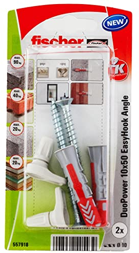 Fischer EasyHook Angle 10, set da 2 Ganci ad Angolo e 2 Tasselli DuoPower 10 x 50 mm, Montaggio Facile e Veloce Senza uso di Pinze su Muro, Cartongesso, Mattoni Forati, Cemento, Legno, 557918