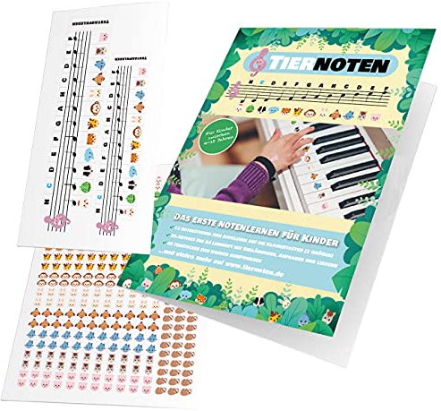 Tiernoten® 2×12 Klavier und Keyboard Notenaufkleber für Kinder inkl. 22-seitiges Lernheft und 318 Tiersticker zum selbst komponieren