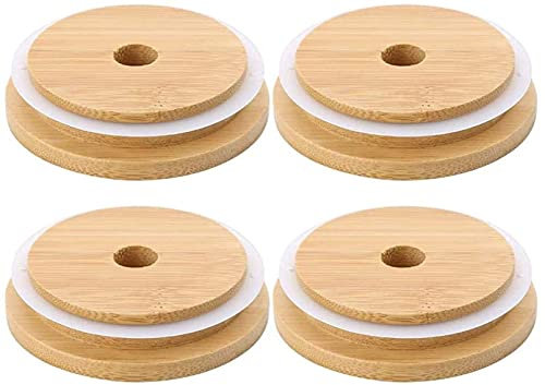 LATRAT Pack of 4 Mason Jar Lids, Replacement Lid Made of Wood, Mason Jar Lid, Wooden Lid for Drinking & Food Caps, 70 mm