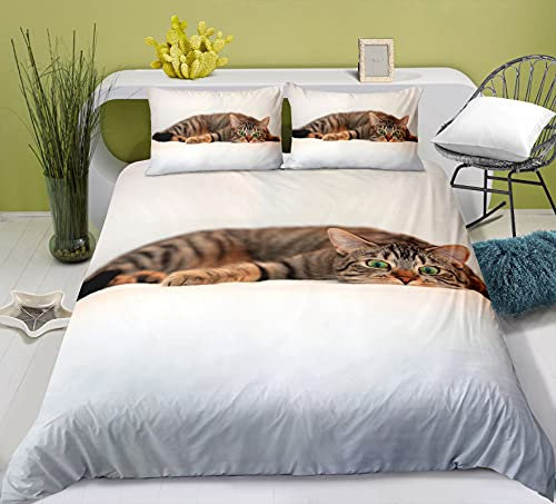 AYMAING Katze Bettwäsche Set 2 teiligs 135 x 200 cm + 80x80cm Weich Atmungsaktiv Microfaser Betten Set mit 1 Kissenbezug Cat Bettbezug mit Reißverschluss,Weiß