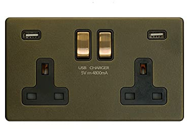Soho Lighting Bronze 13A 2 Gang DP USB Socket (USB 4.8amp) Black Inserts Screwless