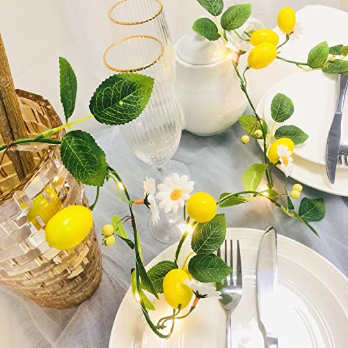 Künstliche Zitronen Blumen Girlande,Zitronenrankenpflanzen zum Aufhängen von Weißen Blumen,Künstlichen Beeren Kranz Lichterkette für Hochzeit Hausgarten Weihnachts Dekoration (Zitronen Lichterkette)