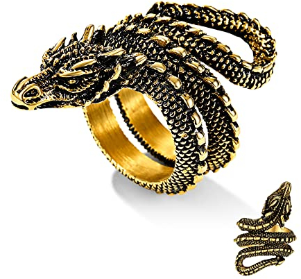 Bestyle Ringe Frauen Herren Drachenring aus Edelstahl Vintage Dragons Fingerring Hip Hop Schmuck Geschenk Gold 59.37(18.9)