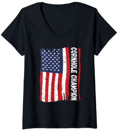 Damen Cornhole Trophy Champion Lustige Sitzsack Cornhole Player Flagge T-Shirt mit V-Ausschnitt
