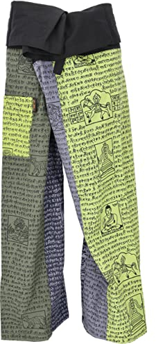 GURU SHOP Thai Fischerhose aus Fester Baumwolle, Patchwork Wickelhose, Yogahose, Unigröße - Grün/bunt, Herren/Damen