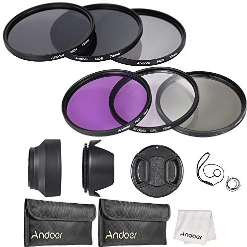 Andoer Kit de filtres d'objectif 72 mm UV + CPL + FLD + ND (ND2, ND4, ND8) avec pochette Carry Pouch/bouchon d'objectif/support de bouchon d'objectif/Tulip & Rubber Lens Hoods/chiffon de nettoyage