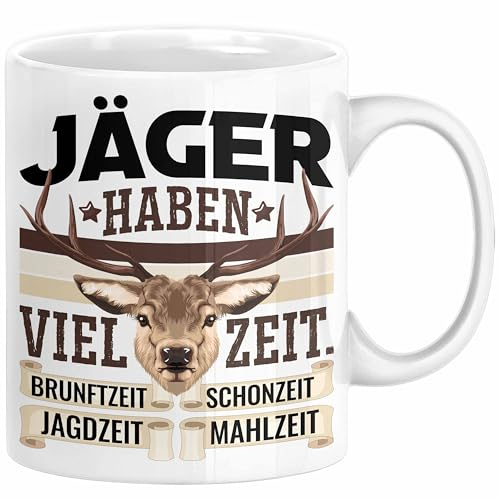 Trendation - Jäger Haben Viel Zeit Tasse Geschenk für Jäger Becher Männer Spruch Jagd Jagen (Weiß)