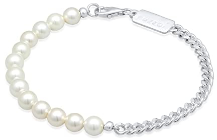 Kuzzoi Buddha Herren Armband aus einer Panzerkette in 925 Sterling Silber und Muschelkernperlen, Perlenarmband für den Mann, Länge 21 cm