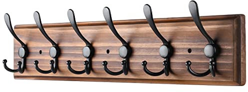PHINGEER Wall Mounted Coat Hooks, Wooden Heavy Duty Coat Rack for Wall,6 Triple Coat Hanger Hooks for Hanging Coats,Jacket,Hat,Clothes,Brown (Brown, 6 Hooks)