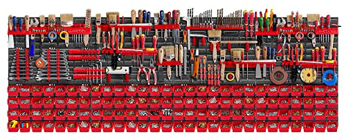 KADAX Werkzeugwandregal Groß, 232x78cm Lagersystem aus robustem Kunststoff, UV-Resistentes Modul-System, Erweiterbare Wandplatten, Werkstattregal für Garage (Rot, 162 tlg.)