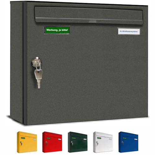 AL Briefkasten Systeme Basic 1er Briefkasten in Db 703 Eisenglimmer Grau 1 Fach DIN A4 Postkasten wetterfest wasserdicht rostfrei Briefkastenanlage mit Posthaltebügel und 2 Namensschildern