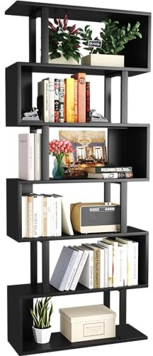 Yusong Geometric Bookcase, S Shaped Bookshelf 6-Tier Book Shelves for Bedroom, Modern Wood Decorative Display Shelf Tall Book Case for Home Office, Black