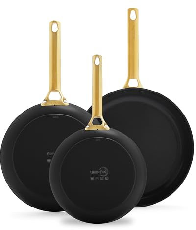 GreenPan Reserve Saludable Cerámica Antiadherente, Juego de Sartenes de 3 Piezas, 20 cm, 24 cm y 28 cm, Mango Dorado, Sin PFAS, Inducción, Apto para Horno, Apto para Lavavajillas, Negro