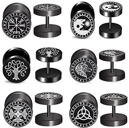 Ohrstecker Unisex Wikinger Ohrringe Set - 6 Paar Herren Damen Edelstahl Schwarz Punk Ohrringe Hanteln Geburtstag für Männer Frauen