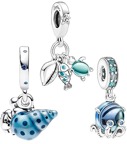 Doyafer 925 Sterling Silber Charms Meer, Tier Anhänger Perlen Muschel, Krake, Meeresschildkröte Anhänger Set für Frauen Armbänder Halskette 3-Stück/Paket