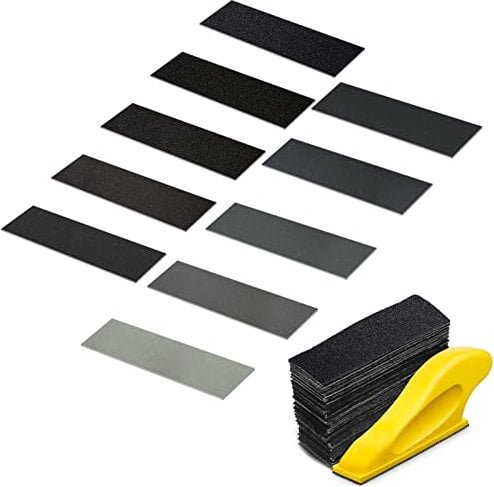 100PCS Wet Dry Micro Sander Sandpaper 60 120 240 400 600 800 1000 1500 2000 5000 Grit for DIY Crafts +1 Micro Sander Kit 90X 30mm Detail Finger Sander for Small Projects