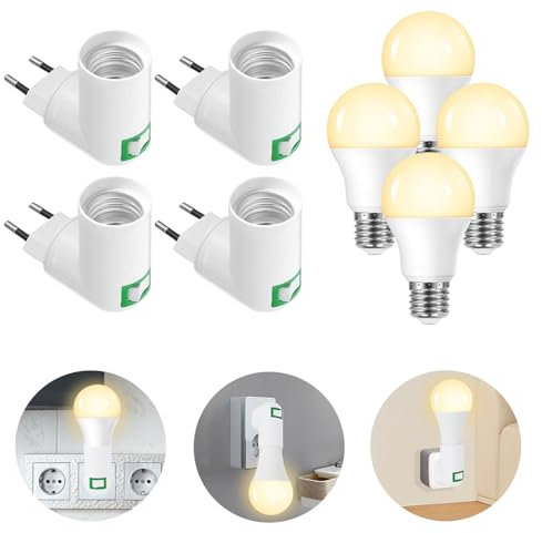 4 Stück Steckdosenlampe E27 mit Schalter + 4 Stück LED E27 Glühbirne Set, 15W 3000 Kelvin Warmweiß LED Bulb, E27 Lampe mit Stecker, Lampe Steckdose, für Büroküchen, Pflanzenbeleuchtung