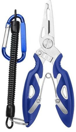 FONGKNOX Stainless Steel Fishing Pliers Hook Remover Tool Ring Spliting Line Cutting Multi-Functional Lightweight Fishing Scissors with Safety Lock Carabiners & Retractable Spring Cord & Bag Blue